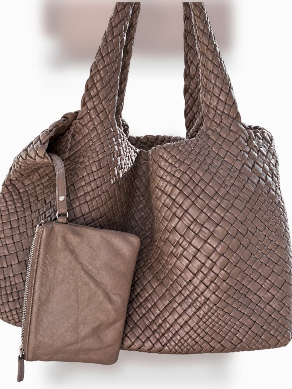 FALOR Firenze F7349 Woven Leather Large Tote Bag 16x11x6 Made in Italy +Pouch